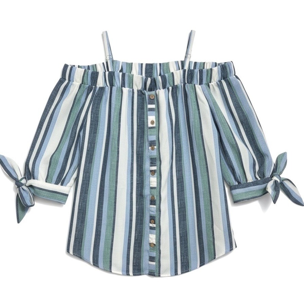 IZ Byer Womens Blouse Blue Striped Off Shoulder Tie Sleeve Coastal Boho Beachy M
